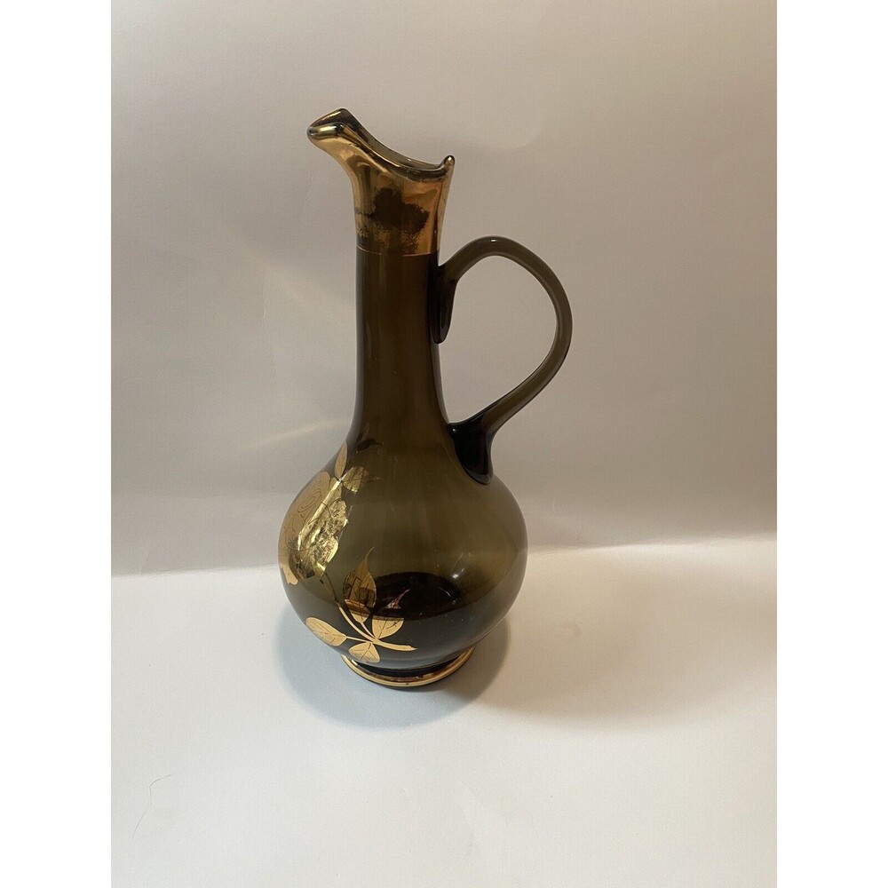 VTG Romanian MCM Smoke & Gilt Decanter Gold Roses No Stopper Pitcher Bottle
